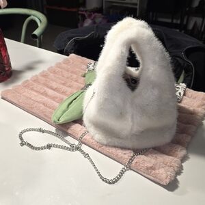 White Faux Fur Handbag with Chain Strap